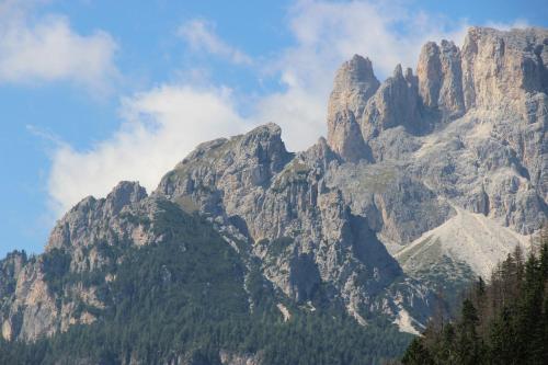 a large mountain with trees in front of it at Residence Fontanazzo in Campitello