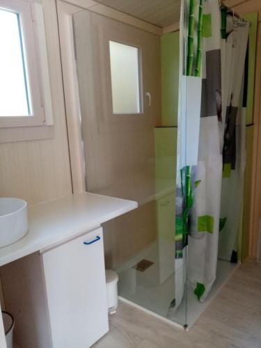 La salle de bains est pourvue d'une douche et d'un comptoir blanc. dans l'établissement La belle étoile, à Reygade