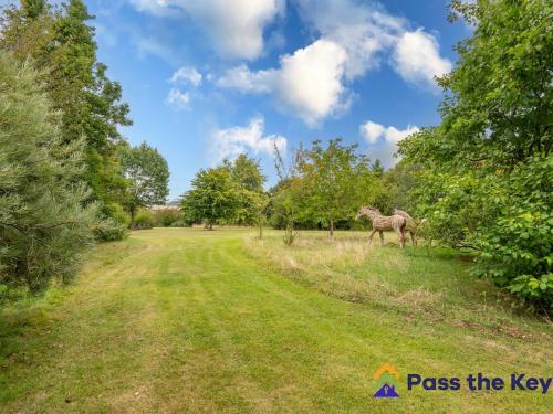 a giraffe standing in a field with trees at Country House, 4 Acres, Views & Swimming Pool in Stockcross