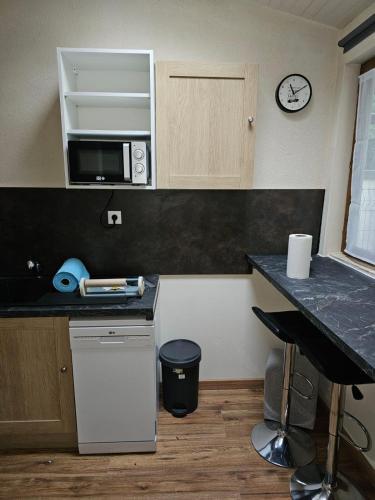 - une cuisine avec un comptoir et un four micro-ondes dans l'établissement Les campagnettes, à Voulangis