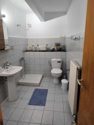 a white bathroom with a toilet and a sink at Jimmy's house in Iraklitsa
