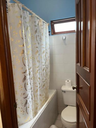 a bathroom with a toilet and a shower curtain at The Victorian Hotel in San José