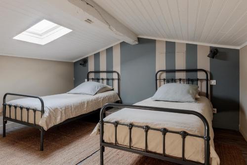 two beds in a room with a skylight at La bastide de Margaux in Soussans