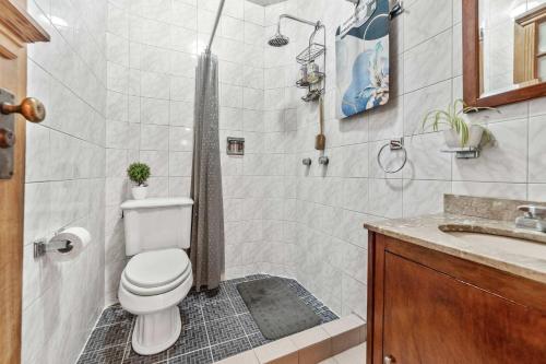 a bathroom with a toilet and a shower and a sink at Charming 2-Bedroom Retreat in Lomas de Bezares in Mexico City
