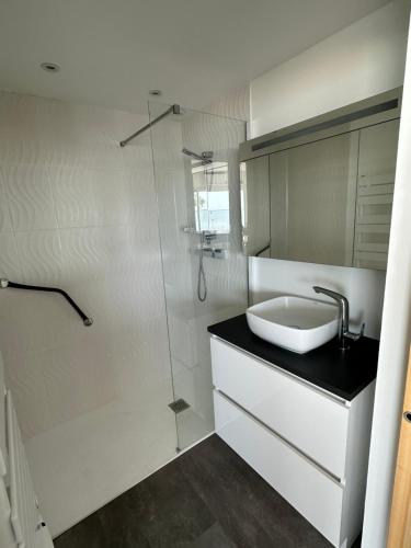 une salle de bain avec un lavabo et une douche dans l'établissement Appartement Face Mer Saint Nazaire, à Saint-Nazaire