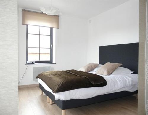 a bedroom with a large bed with a window at Les Mini-lofts de Paul et Virginie in Wimereux