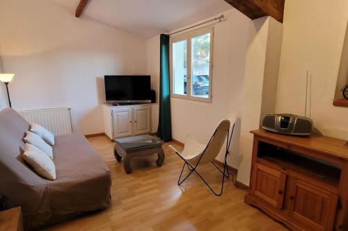un salon avec un canapé et une télévision dans l'établissement Appartement dans une villa au cœur de la Provence, à Trans-en-Provence