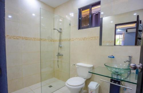 a bathroom with a toilet and a glass shower at Beautifully updated in the heart of town in Cabarete