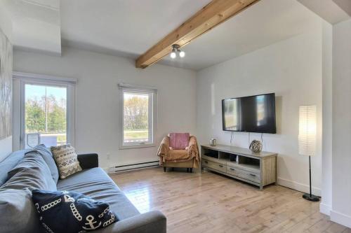 a living room with a couch and a flat screen tv at Confo27 Chute-Montmorency in Quebec City