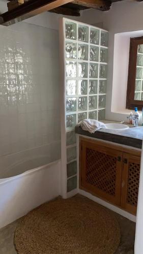 a bathroom with a shower and a sink and a tub at encantadora casa ibicenca in Sant Josep de sa Talaia