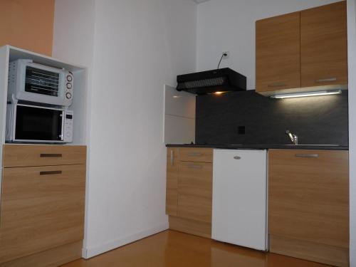 La cuisine est équipée d'un four micro-ondes et d'un réfrigérateur. dans l'établissement Résidence Le Castel Médicis, à Le Mont-Dore