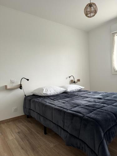 - une chambre avec des murs blancs et un lit avec deux lampes dans l'établissement Gîte de la vieille fontaine, à Treize-Vents