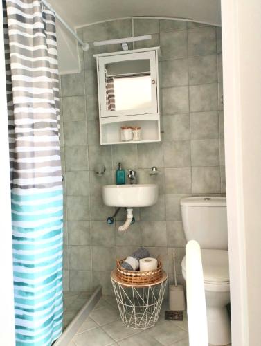 a bathroom with a sink and a toilet and a mirror at Calliste Nest In Kasonia, Pothia Harbour in Kalymnos