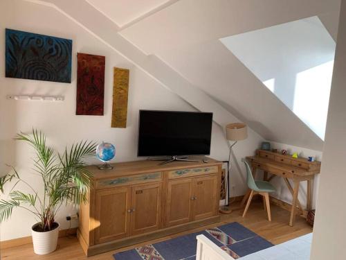 a living room with a television on a wooden cabinet at Charmant studio à proximité de la gare RER A in Chatou
