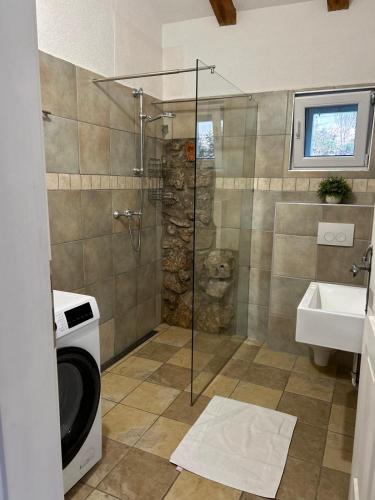 a bathroom with a shower and a washing machine at Villa Jelly in Šmrika