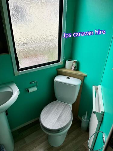 a green bathroom with a toilet and a sink at Jps caravans in Kinmel Bay