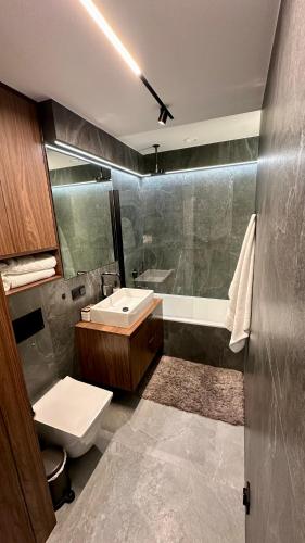 a bathroom with a sink and a toilet and a tub at Oliwa luxury apartment, free parking, high speed internet in Gdańsk