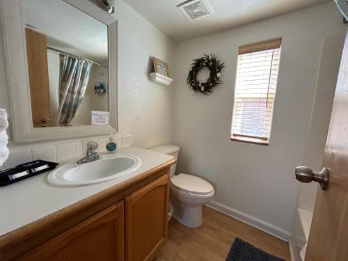 a bathroom with a sink and a toilet and a mirror at Ocean Front Cabin 11 W Jacuzzi & Superb Views in Smith River