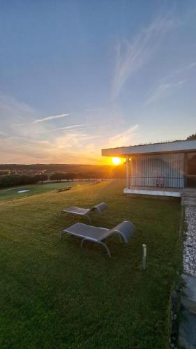 a row of benches sitting in a field with the sunset at Casa Oliveira in Casa da Ferraria