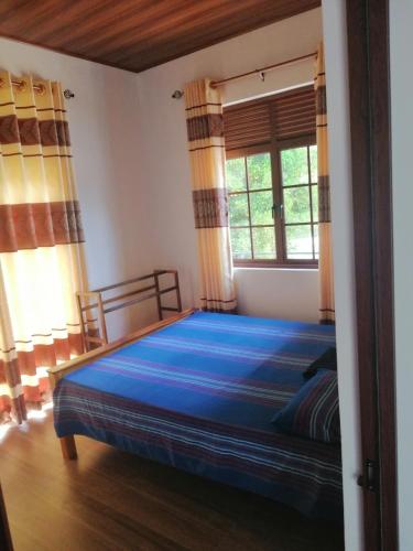 Un dormitorio con una cama con sábanas azules y una ventana. en Ella Paradise, en Passara