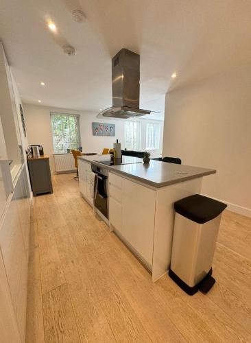 a kitchen with a counter and a stove top oven at Spacious & light 2bed, 2bath in the heart of Windsor in Windsor