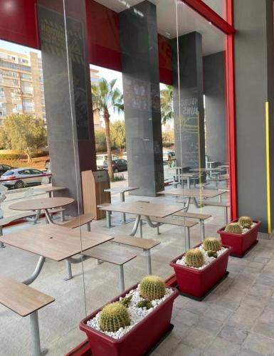 a group of tables and potted plants in front of a building at Family Home in Agadir