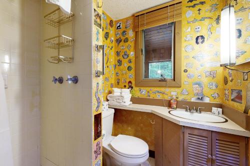 a bathroom with a toilet and a sink and a mirror at Secluded Mountain House in Forest Farms