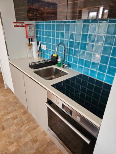 ポルトにあるRiver Blueの青いタイル張りの壁、シンク付きのキッチンが備わります。