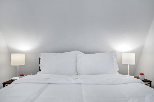 a bedroom with a white bed with two lamps at Box 3- A Birdy Vacation Rental in Fair Oaks Ranch