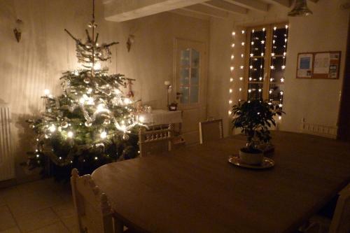 a dining room with a christmas tree and a table at Le Repos Coquelicot in Montillot