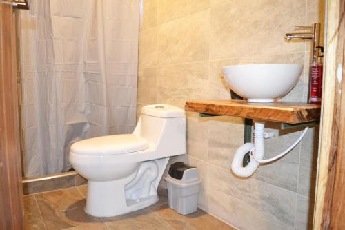 a bathroom with a toilet and a sink at Hospedaje San Sebastián in Monguí