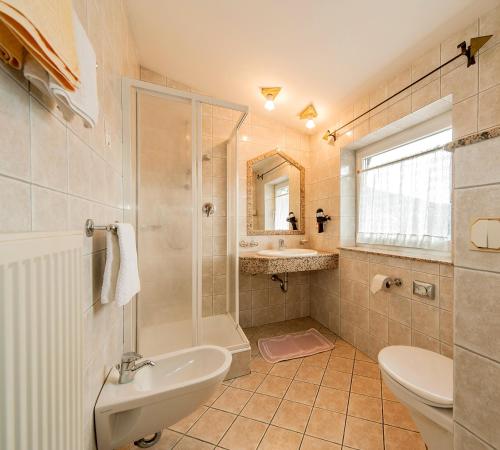 ein Bad mit einem Waschbecken, einem WC und einer Dusche in der Unterkunft Landhotel Gasthof Zum Löwen in Rodeneck