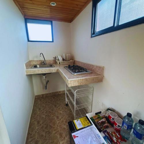 a small kitchen with a sink and a stove at Glamping Terranova Guatavita Colombia in Guasca