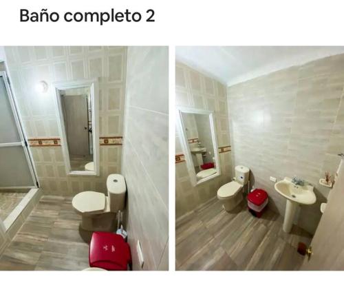 two pictures of a bathroom with two toilets and a sink at apartamento dúplex con piscina en el Rodadero in Rodadero