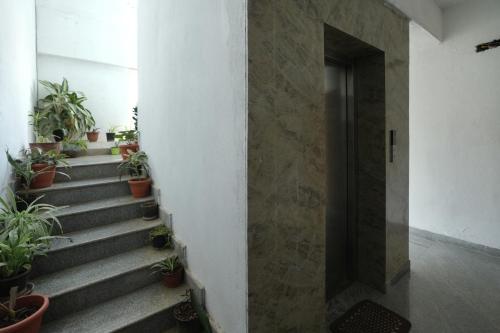 a hallway with potted plants on the stairs at Srushti Service apartments in Bengaluru