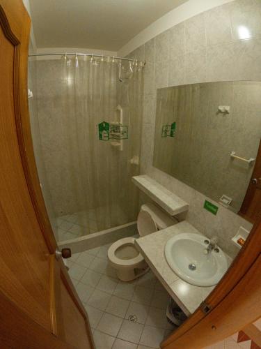 a bathroom with a shower and a toilet and a sink at Hotel los leones Melgar in Melgar