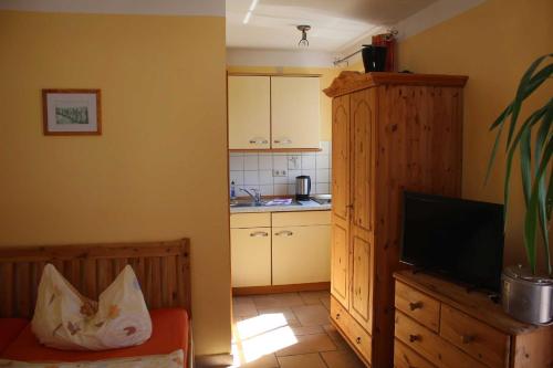 a living room with a television and a kitchen at Buhne 11 in Vitte