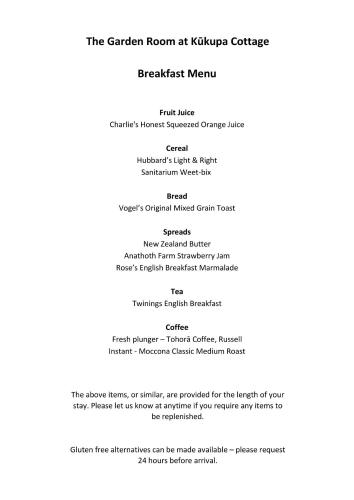 a screenshot of the garden room at kilkenny garden conservatory menu at Kūkupa Cottage Russell in Russell