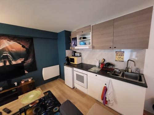 Elle comprend une petite cuisine avec des placards blancs et des murs bleus. dans l'établissement Studio spatial - Place de la République, au Mans