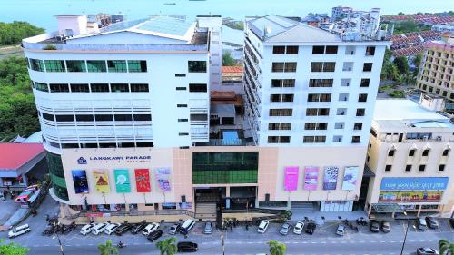 an overhead view of two tall buildings in a city at Hotel Langkasuka Langkawi in Kuah