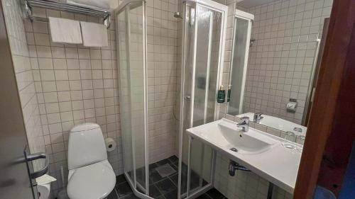 a bathroom with a toilet and a sink and a shower at Trysil-Knut Hotel in Trysil