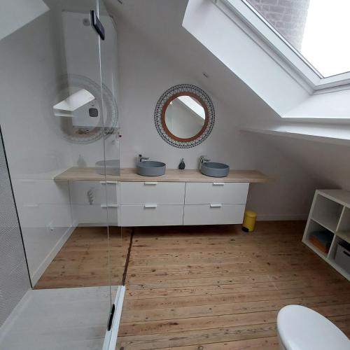 une salle de bain avec un lavabo et un miroir dans l'établissement Maison avec jardin à Lille Bois Blancs, à Lille