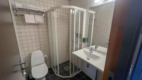 a bathroom with a shower and a toilet and a sink at Trysil-Knut Hotel in Trysil