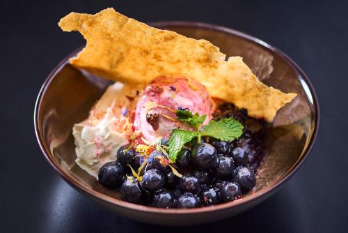 a bowl of food with blueberries and crackers at Hotel Gatsby by HappyCulture in Chassieu