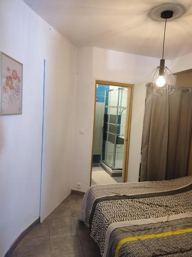 une chambre avec deux lits et un ventilateur de plafond dans l'établissement appart centre ville bords de loire, à Saumur