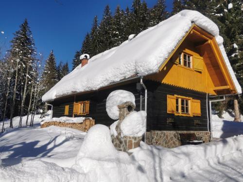 a snowman is standing in front of a cabin at APARTMENTS ROGLA LUKANJA 1 in Oplotnica