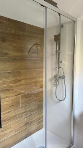 a shower in a bathroom with a wooden wall at BAM BAM TIBURTINA Guesthouse in Rome