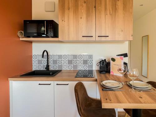 une cuisine avec un comptoir avec un évier et un micro-ondes dans l'établissement Soleil d or proche de la vielle ville, à Annecy