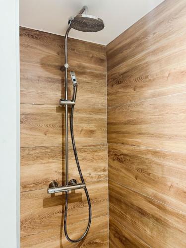 une douche dans une salle de bain avec un mur en bois dans l'établissement Soleil d or proche de la vielle ville, à Annecy