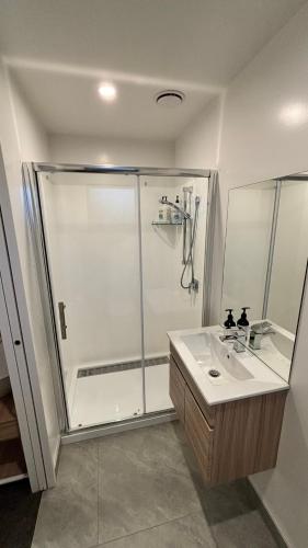 a bathroom with a shower and a sink at Close to City and Beach - Modern Home with Garage in Christchurch